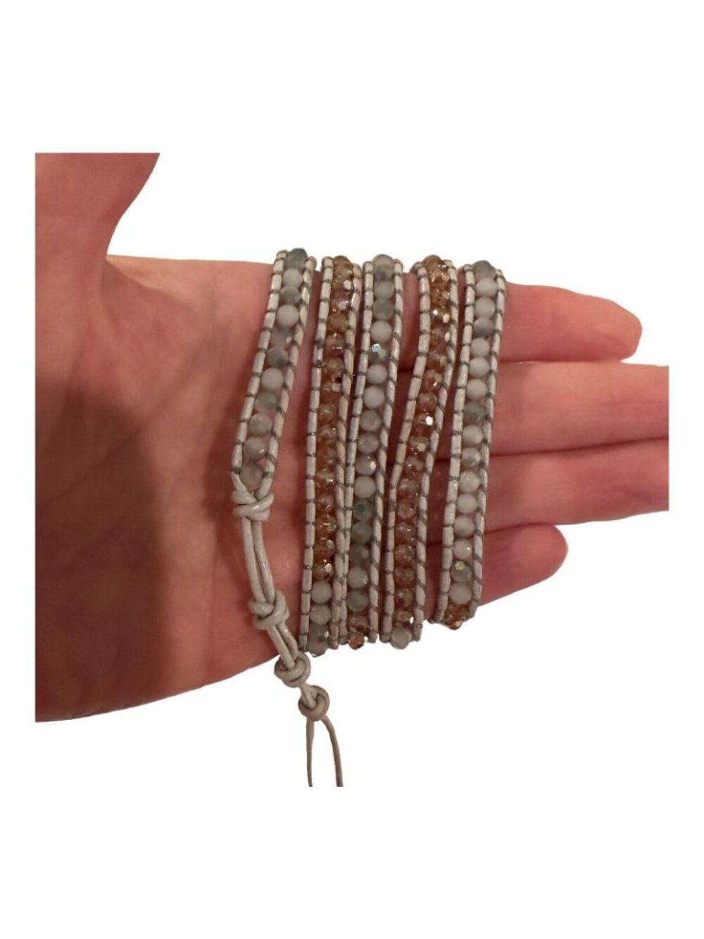 Victoria Emerson Leather Wrap Bracelet Quartz Crystal Beads 36" White Rose Gold - Picture 15 of 16